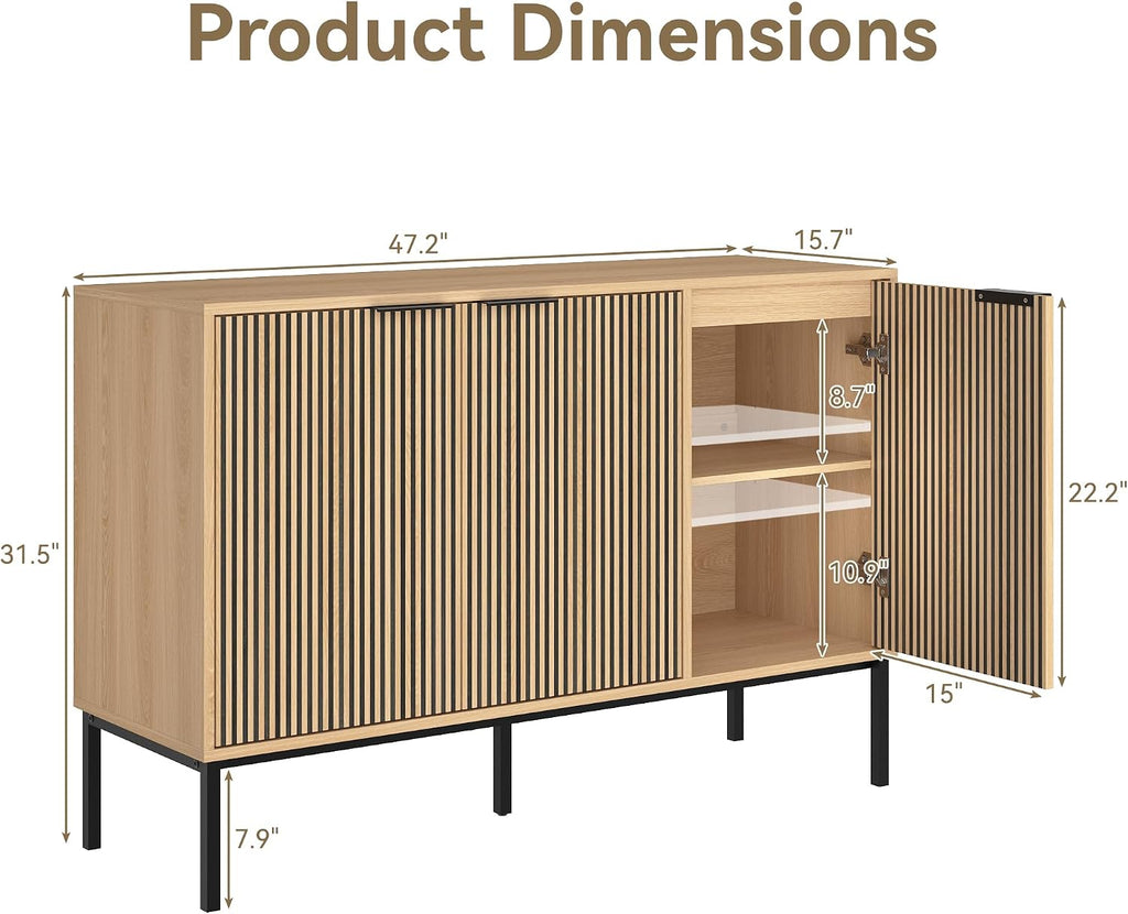 47.2" Sideboard Cabinet, Modern Buffet Cabinet with Doors & Adjustable Shelf, Wood Credenza Coffee Bar Storage Console Table for Kitchen, Dining Room, Living Room, Entryway, Natural