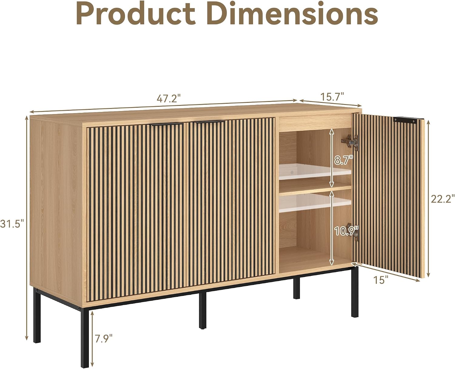 47.2" Sideboard Cabinet, Modern Buffet Cabinet with Doors & Adjustable Shelf, Wood Credenza Coffee Bar Storage Console Table for Kitchen, Dining Room, Living Room, Entryway, Natural