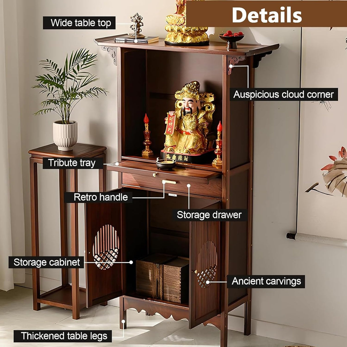 Wooden Buddhist Meditation Cabinet for Temple Display | Traditional Chinese Spiritual Furniture For Prayer, Statue(108cm/42.5in)