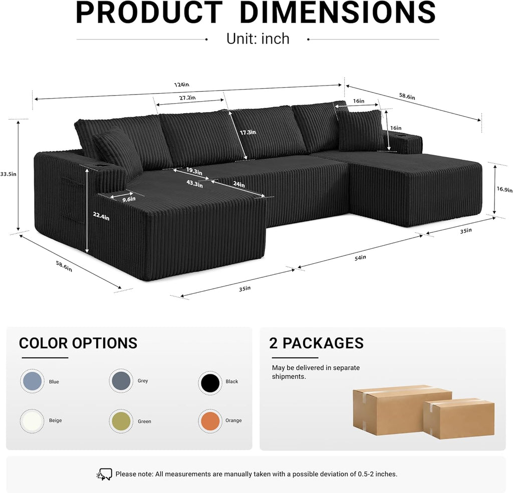 ivoros 125" Cloud Couch Sectional, Modular Sofa with Cup Holder and Storage Pocket, Corduroy U Shaped Sofas, Couch in a Box, No Assembly Required, Black Couches for Living Room