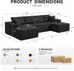 ivoros 125" Cloud Couch Sectional, Modular Sofa with Cup Holder and Storage Pocket, Corduroy U Shaped Sofas, Couch in a Box, No Assembly Required, Black Couches for Living Room