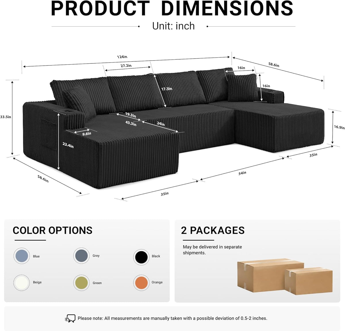 ivoros 125" Cloud Couch Sectional, Modular Sofa with Cup Holder and Storage Pocket, Corduroy U Shaped Sofas, Couch in a Box, No Assembly Required, Black Couches for Living Room