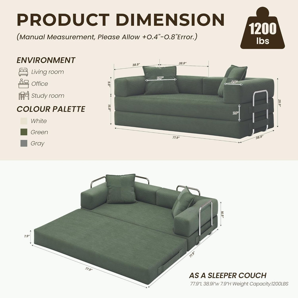 GRUSIGN 78 Inch Convertible Sofa Bed, 5-in-1 Futon Sofa Bed Pull Out Couch, Couch Bed for Living Room, Corduroy Couches for Bedroom, Apartment, No Assembly Sleeper Sofa Bed, Green