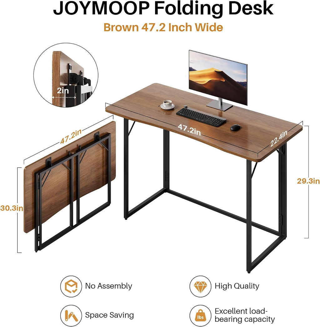 JOYMOOP 47.2" Brown Folding Desk, No Assembly, Wooden Top, Large Size | Versatile Foldable Desk for Work, Study, Craft | Slim-Folding Storage | 150 lbs, Safe Corners | Metal Legs Foldable Table