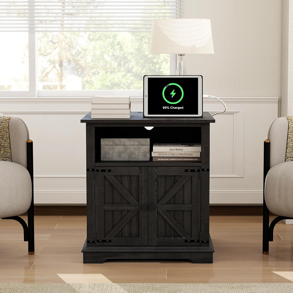 MUUEGM End Table with Charging Station, 24 Inch Farmhouse Sofa Side Tables Living Room, Wood Rustic Nightstand Large Bedside Table with Barn Door for Bedroom, Black