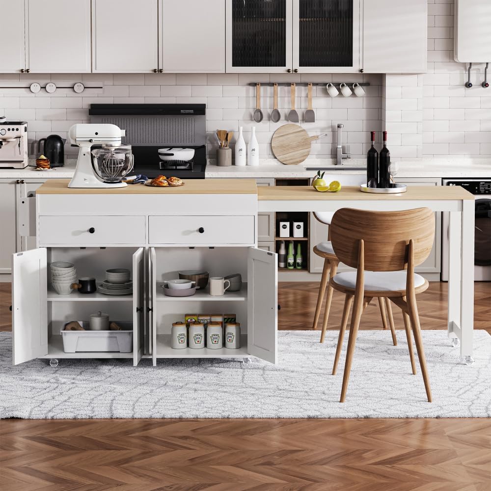ZOEDO K&K 74.5 Inch Kitchen Island with Extendable Dining Table, Rolling Kitchen Island on Wheels with Spice Rack and 2 Drawers, 4 Door Cabinet, for Kitchen, Dining Room, White (One Package)