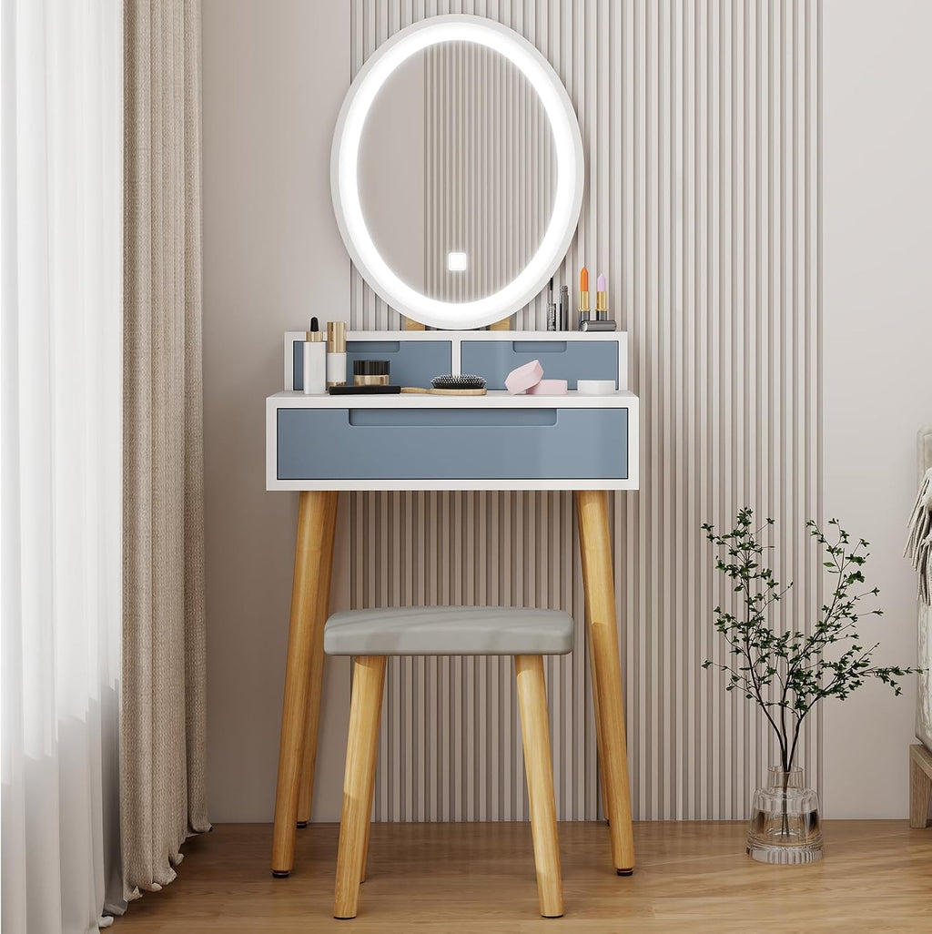 YOURLITE Small Makeup Vanity Desk with Mirror and Lights | Compact Vanity, 3 Lighting Modes, Adjustable Brightness, 3 Drawers, Cushioned Stool