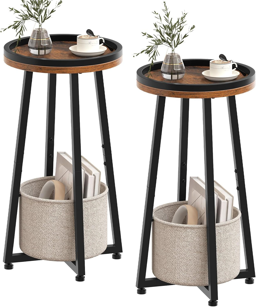 HOOBRO Small Round Side Tables, Set of 2, 2-Tier Round Sofa End Tables, Compact Nightstands with Cotton Linen Storage Basket, for Small Space, Living Room, Bedroom, Dorm, Rustic Brown BF183BZP201