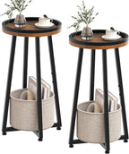 HOOBRO Small Round Side Tables, Set of 2, 2-Tier Round Sofa End Tables, Compact Nightstands with Cotton Linen Storage Basket, for Small Space, Living Room, Bedroom, Dorm, Rustic Brown BF183BZP201