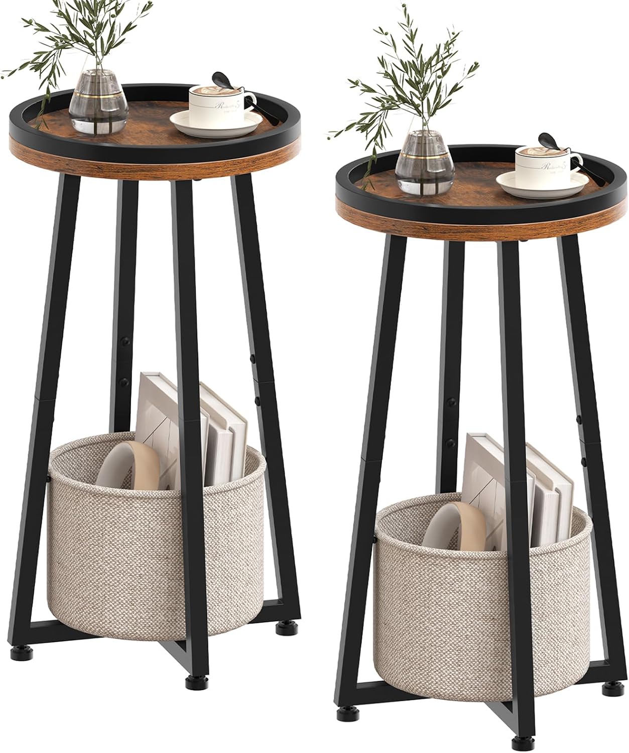 HOOBRO Small Round Side Tables, Set of 2, 2-Tier Round Sofa End Tables, Compact Nightstands with Cotton Linen Storage Basket, for Small Space, Living Room, Bedroom, Dorm, Rustic Brown BF183BZP201