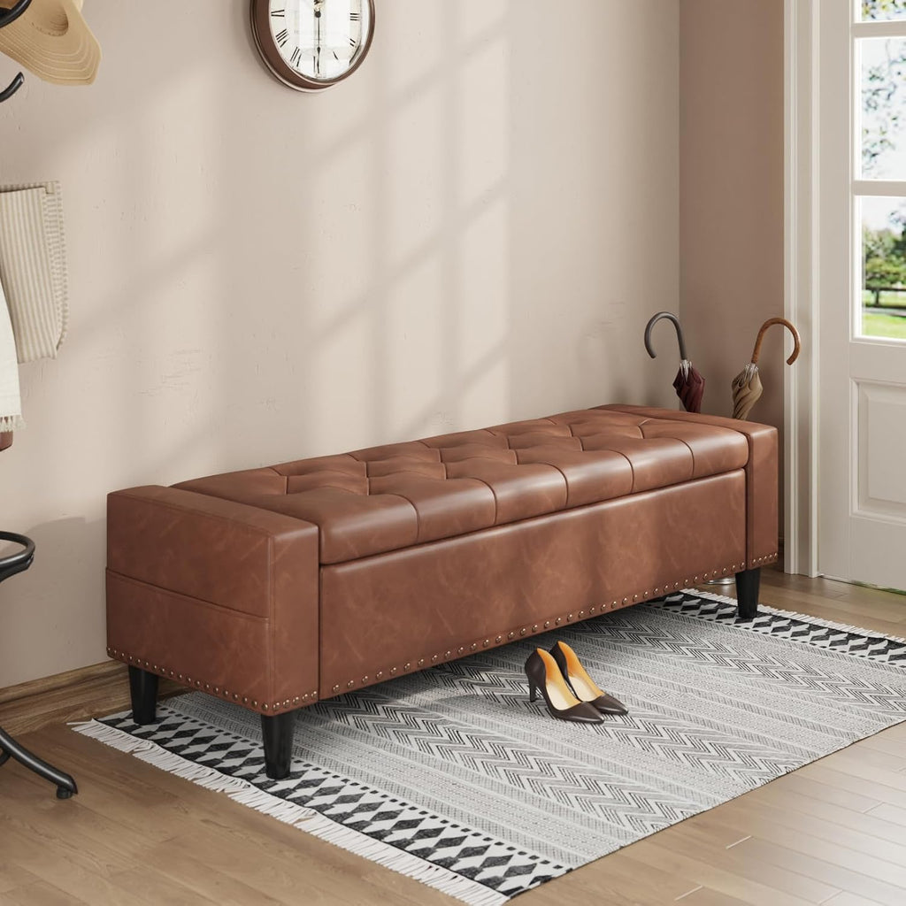 60" Storage Ottoman Bench, Faux Leather Upholstered Bed Bench, Brown | Benches with Tufted Buttons and Nailhead Trim, Large Ottoman with Storage for King Size End of Bed, Bedroom,Entryway,Hallway