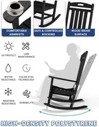 Oversized Outdoor Rocking Chair, HDPE Plastic High Back Rocking Chairs | Wood Grain, Heavy-Duty Patio Rocker, All Weather Outdoor Porch Chair, Lawn Chair for Outside, Deck, Fire Pit, Black
