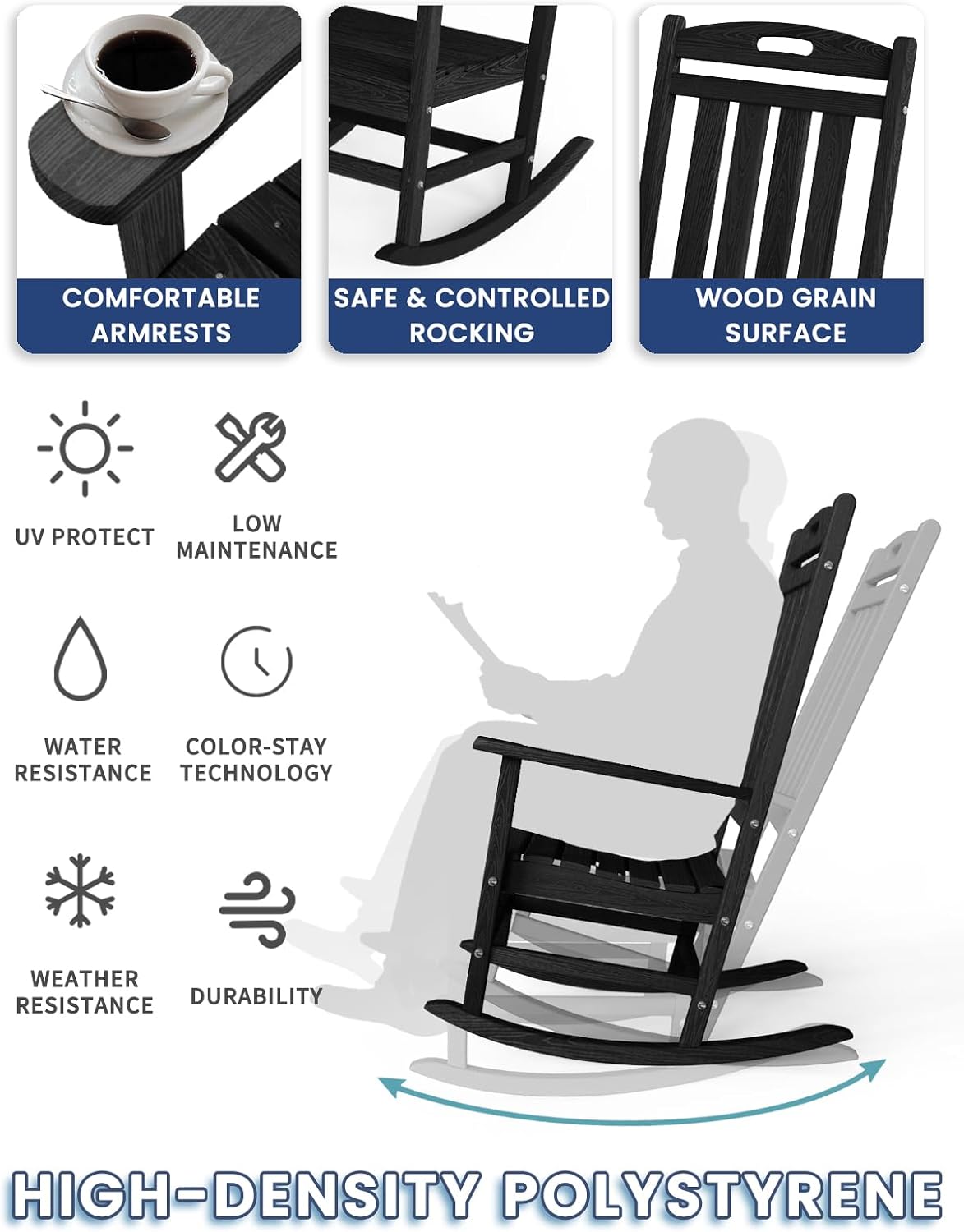 Oversized Outdoor Rocking Chair, HDPE Plastic High Back Rocking Chairs | Wood Grain, Heavy-Duty Patio Rocker, All Weather Outdoor Porch Chair, Lawn Chair for Outside, Deck, Fire Pit, Black