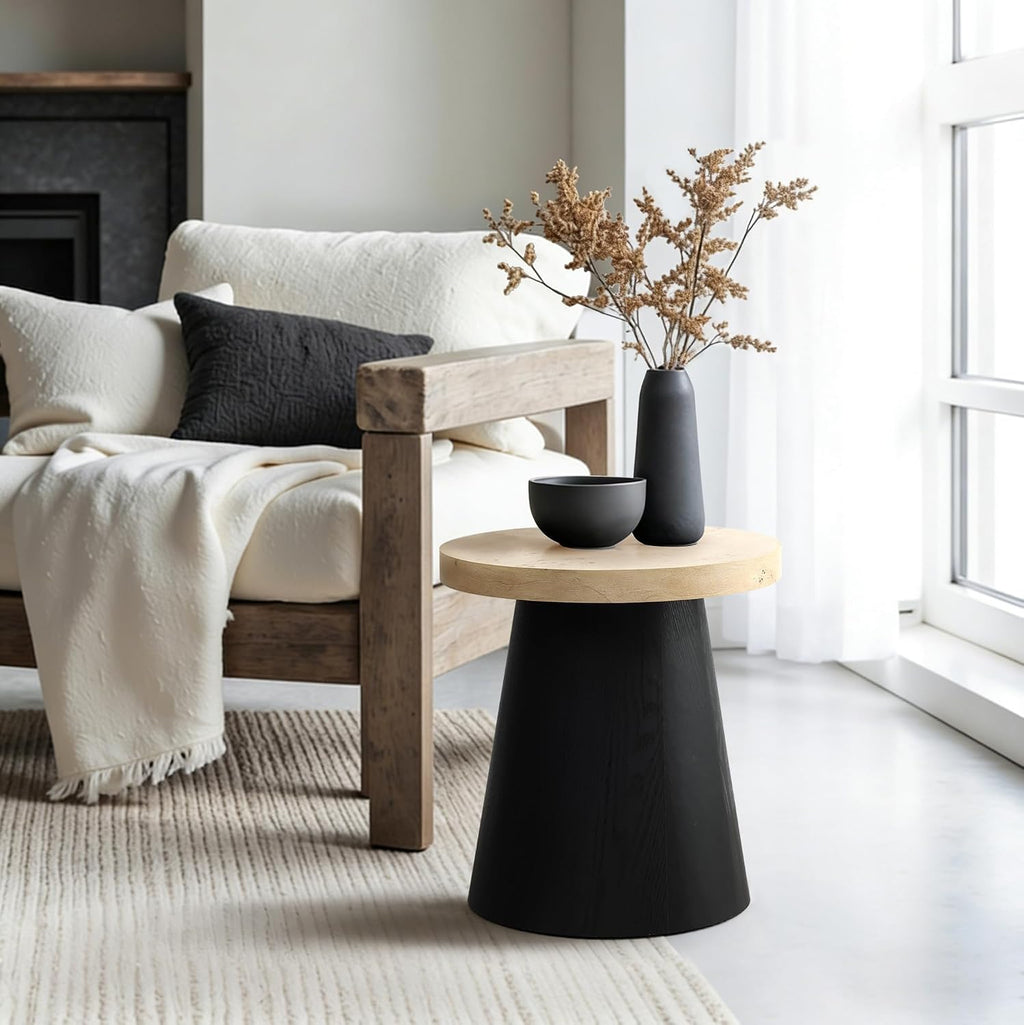 LuxenHome Side Table, 19'' Small Round Accent End Table, Light Wood Finish Top with Black Base Beside Table for Small Spaces, Modern Boho Nightstand for Living Room,Bedroom,Home Office