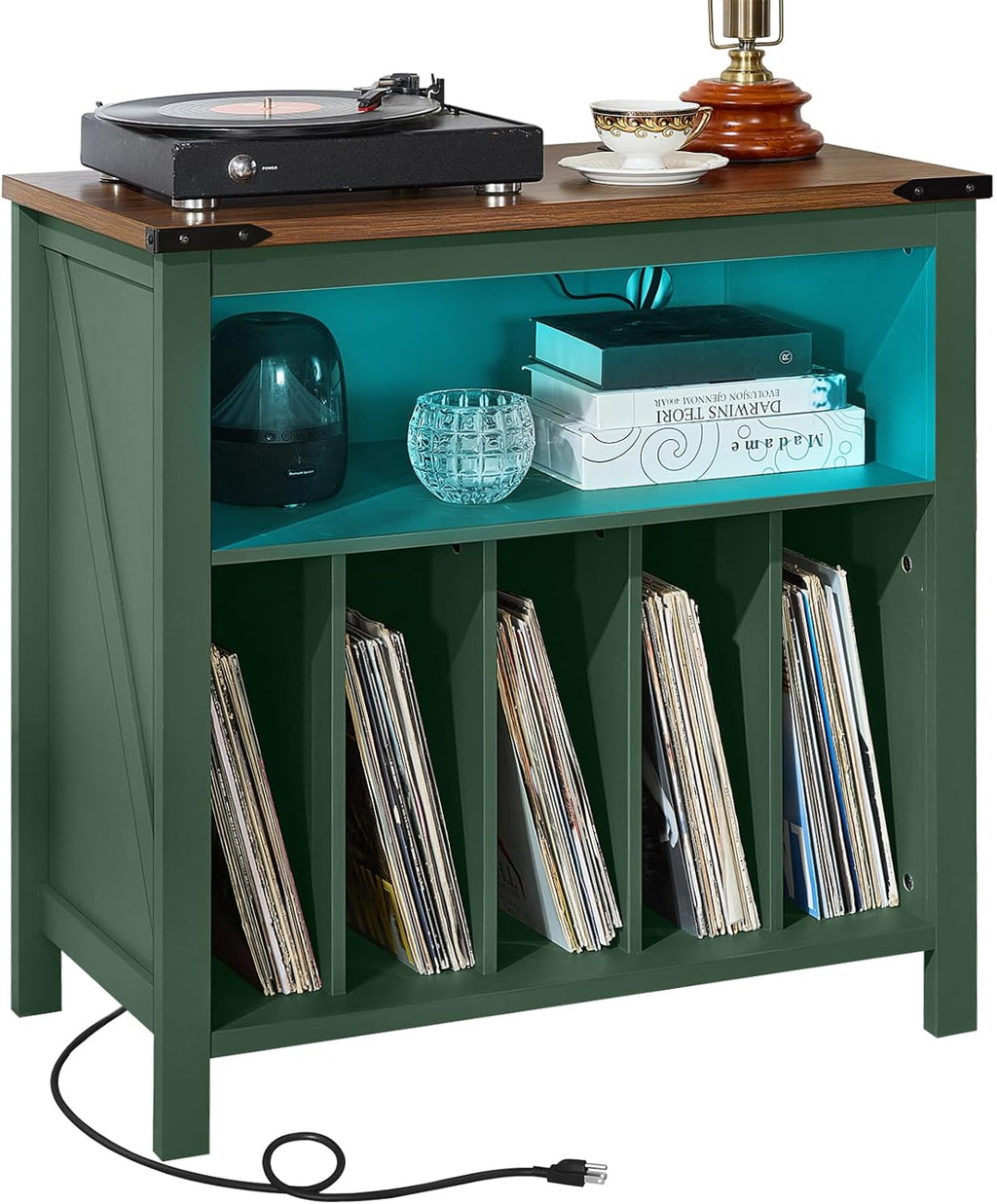 Joaxswe Large Record Player Table with Charging Station & LED Lights, Green Vinyl Record Storage Cabinet Holds up to 230 Albums, Turntable Stand with Display Shelf for Music Room Bedroom Living Room