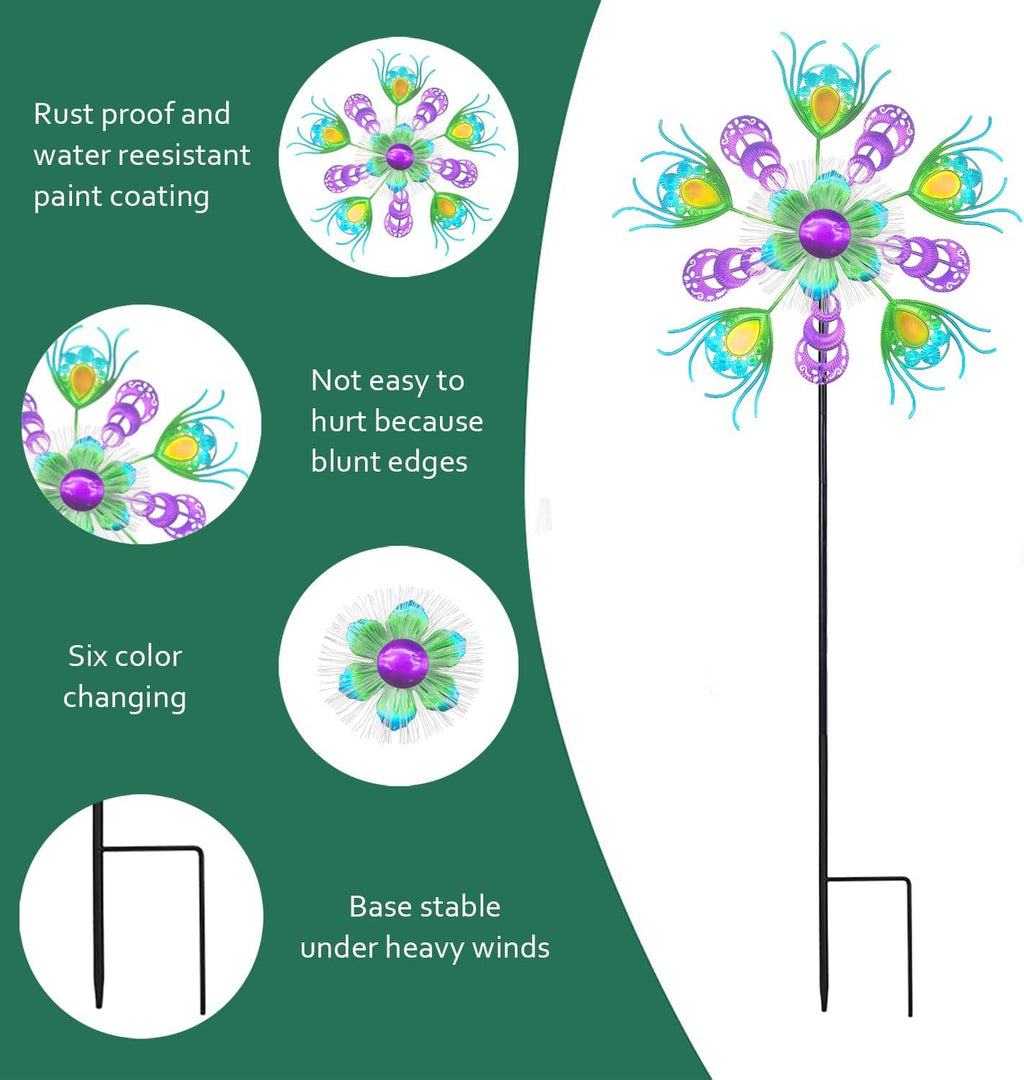 Solar Peacock Wind Spinners for Yard & Garden - 40 Inch Metal Wind Sculpture, Kinetic Windmill with Multi Color LED Lights, Lawn & Patio Art Decor
