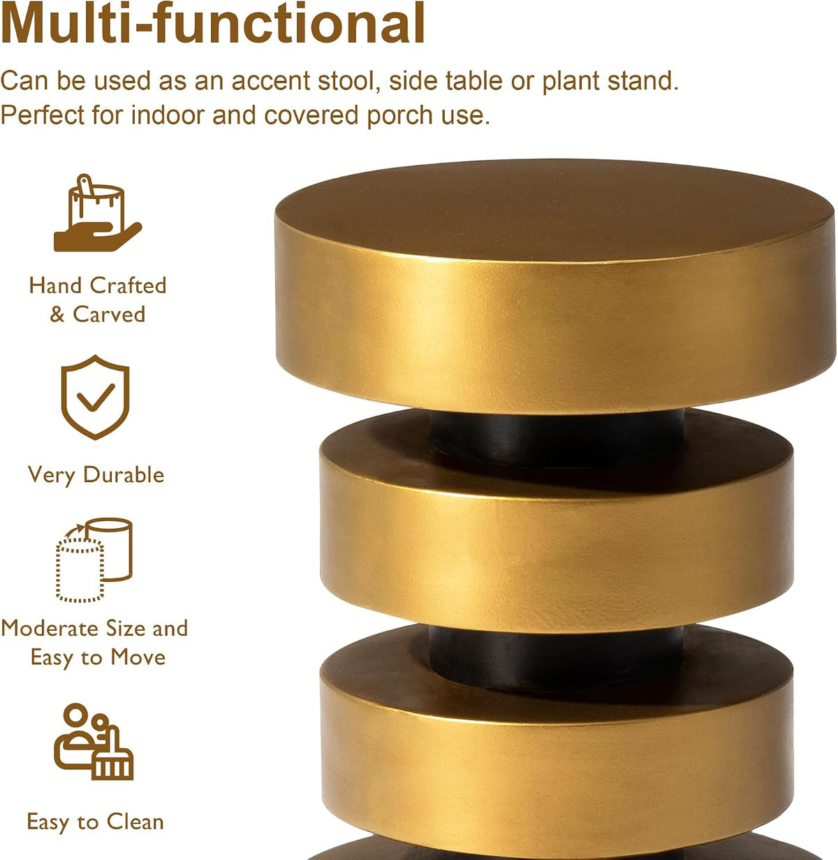 Glitzhome Gold Floating Disks Side Table & Accent Stool - 18" H Modern Antique End Table, Durable MGO Fiberglass Desk for Living Room, Holds 220 lbs, Multi-Functional & Easy to Clean