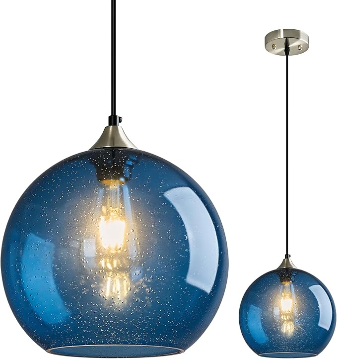 Blue Glass Pendant Lights Kitchen Island Lighting Globe Pendant Light Fixtures Modern Pendant Lighting for Kitchen Island Bedroom Living Dining Room Light Fixture(9.84in, 1-Pack)