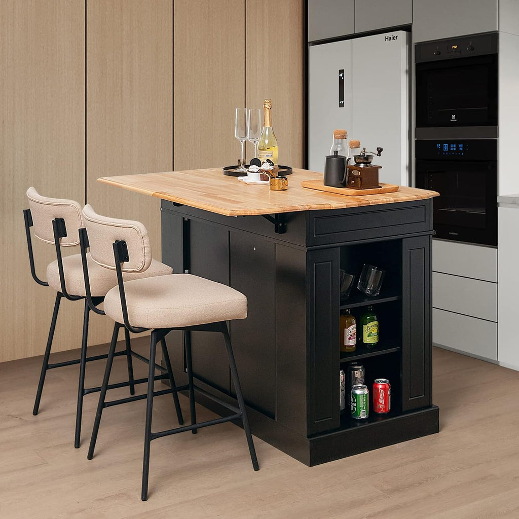 TANGZON Large Kitchen Island, Kitchen Sideboard with Extendable Rubber Wood Worktop, Drawers, Adjustable Shelves & Side Racks, Living Dining Room Cabinet Cupboard (Black Body)