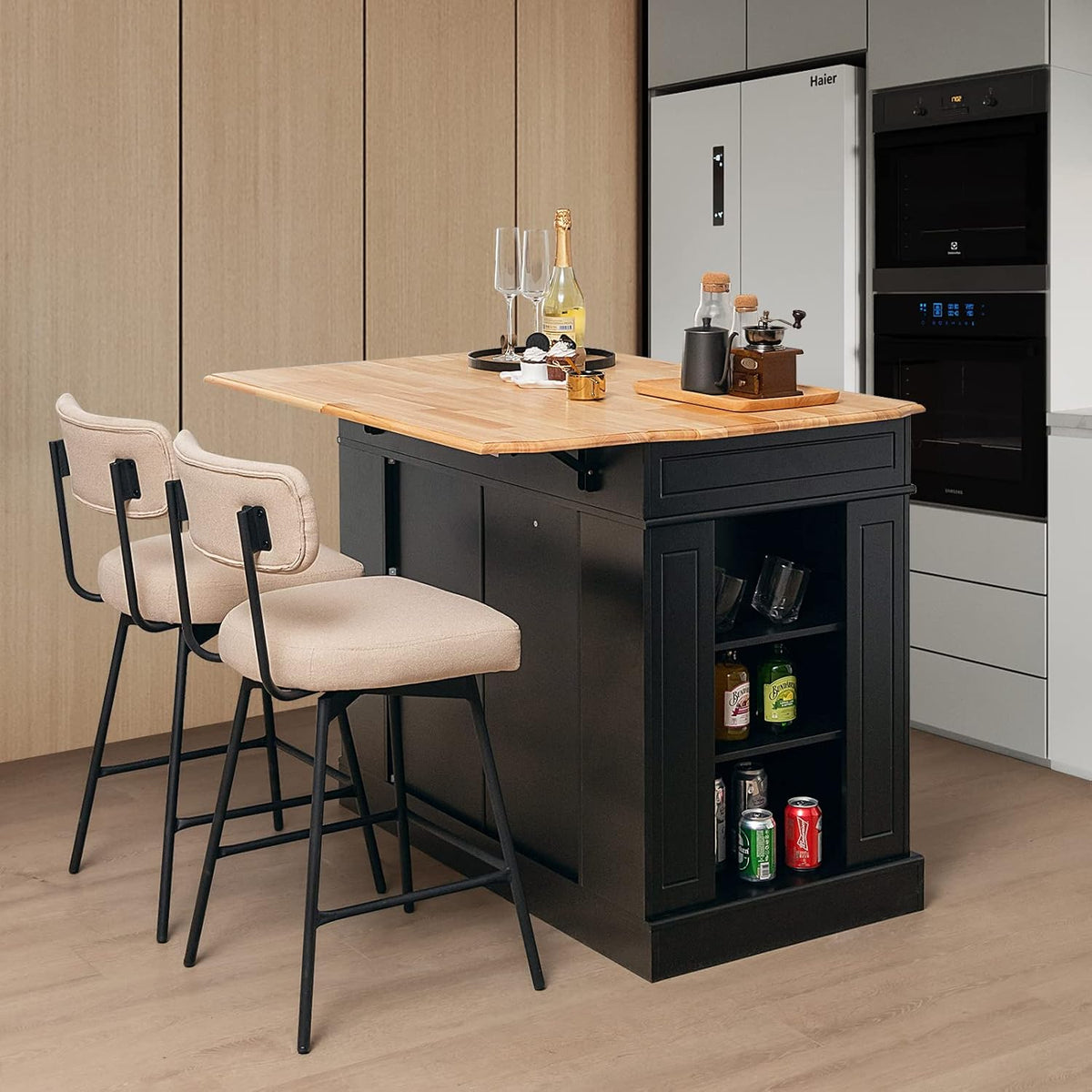 TANGZON Large Kitchen Island, Kitchen Sideboard with Extendable Rubber Wood Worktop, Drawers, Adjustable Shelves & Side Racks, Living Dining Room Cabinet Cupboard (Black Body)