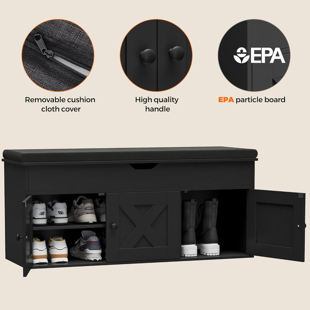 Homleke Shoe Storage Bench with Lift Top & 3 Barn Doors, Entryway Bench with Removable Cushion, Adjustable Shelf, Hidden Storage Cabinet for Hallway, Living Room, Bedroom - Black