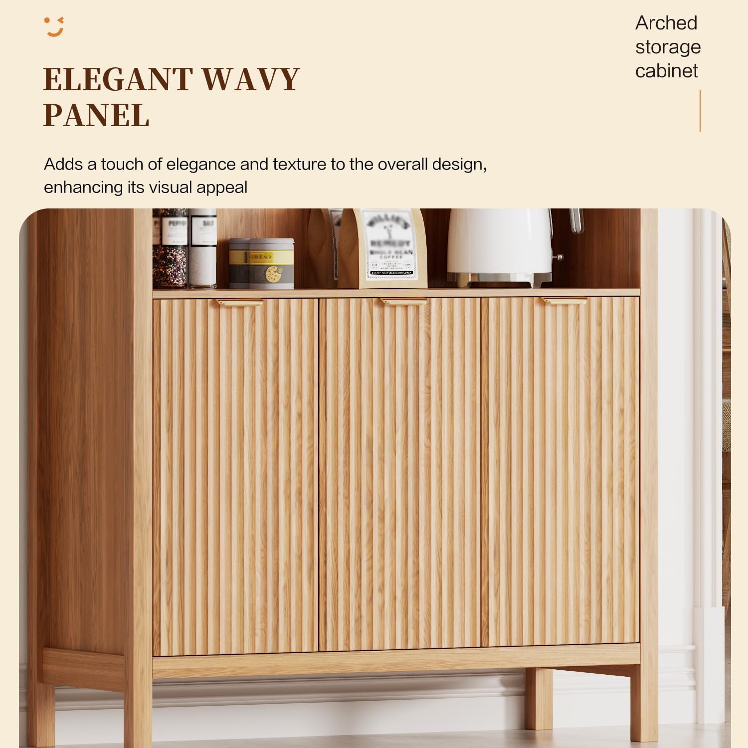 Ieejdn 71.34" Tall Arched Kitchen Pantry,Modern Fluted Wood Storage Cabinet with Doors,Adjustable Shelves,Organizer, Versatile Cupboard for Kitchen,Living Room,Dining Room,Bathroom,Natural
