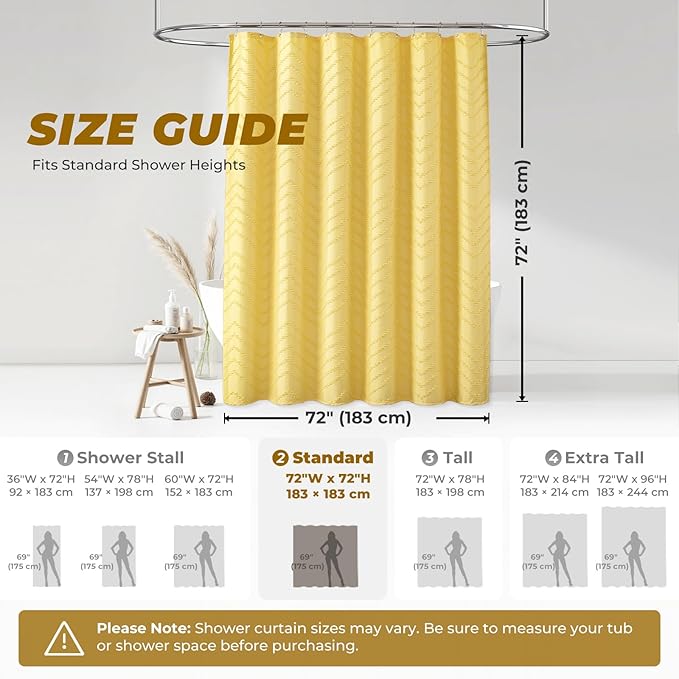 Yellow Shower Curtain Boho Farmhouse Shower Curtain 72 x 72 Tufted Chevron Textured Minimalist Shower Curtains for Bathroom