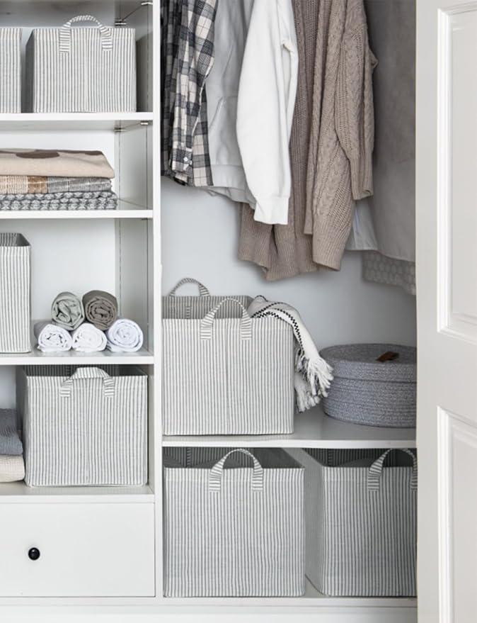 StorageWorks Storage Bins, Fabric Storage Bins for Shelves, Extra Large Storage Baskets with Metal Frame, Closet Baskets and Bins with Handles, Jumbo, Gray and White Stripes, 2-Pack