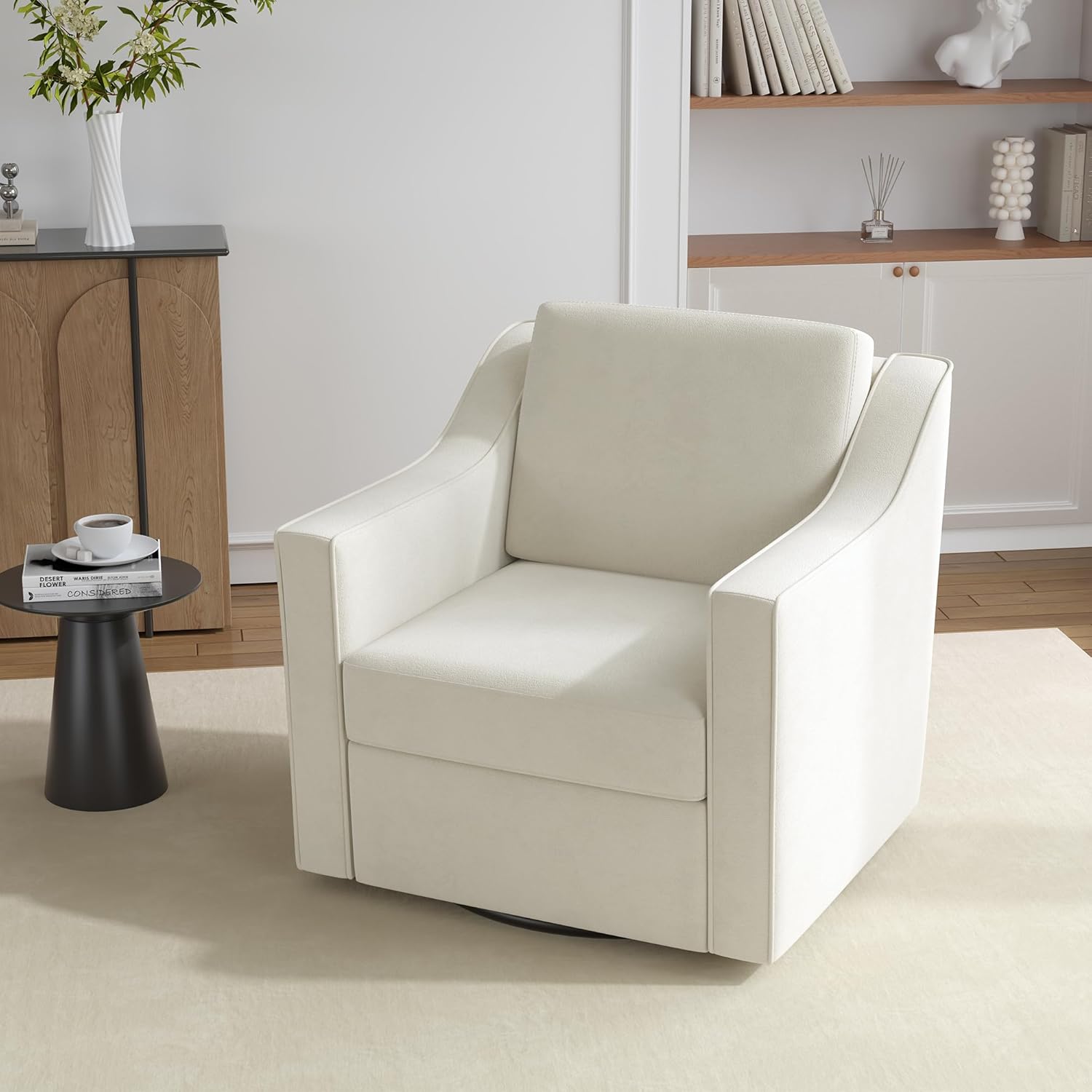 Swivel Accent Chair, Comfy Chenille Swivel Chair with Deep Seat, Upholstered Club Armchair with 360 Degree Rotation Base, Single Sofa Reading Chair for Living Room Bedroom, Beige