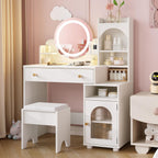 Vabches Kids Vanity with Mirror & Lights,Princess Toddler Vanity Table | 2 in 1 Princess Makeup Vanity Desk Wooden Pretend Play Vanity Desk and Chair Set for Little Girls,White