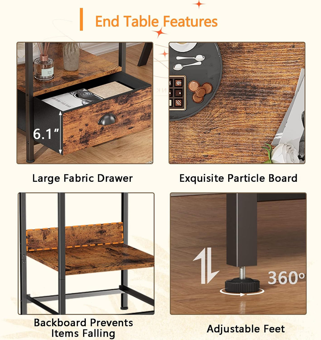 Furologee Rustic Brown Industrial Style Nightstand with Drawer, 15.7" L x 15.7" W x 21.7" H
