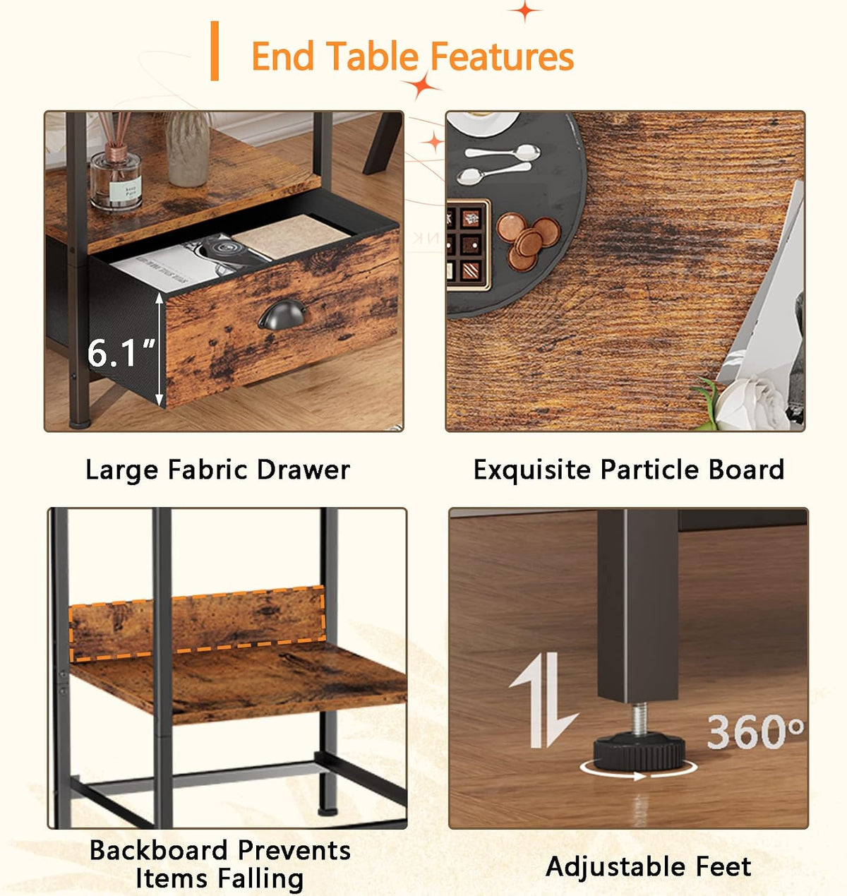 Furologee Rustic Brown Industrial Style Nightstand with Drawer, 15.7" L x 15.7" W x 21.7" H