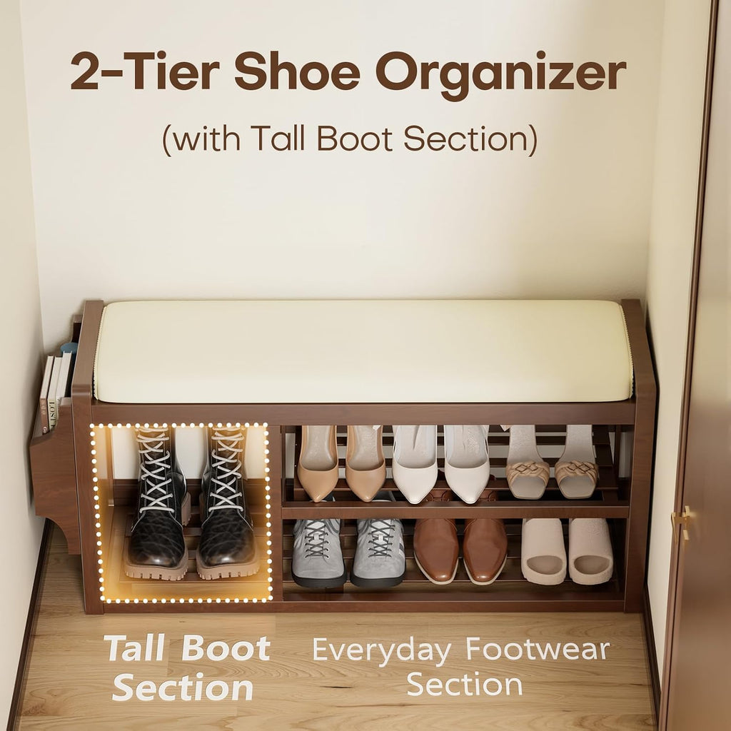 Solid Wood Shoe Bench with Leather Cushion, Shoe Storage Organizer with Side Holder, Shoe Rack Bench for Entryway, Hallway, Living Room, Mudroom, Holds Up to 550lb (Walnut, 39.4"W*12.6"D*18.9"H)