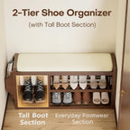 Solid Wood Shoe Bench with Leather Cushion, Shoe Storage Organizer with Side Holder, Shoe Rack Bench for Entryway, Hallway, Living Room, Mudroom, Holds Up to 550lb (Walnut, 39.4"W*12.6"D*18.9"H)