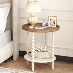 Function Home Round End Table, Farmhouse Side Table with Storage Shelf, 2 Tier Wooden Nightstand, 19.2” Accent Table for Living Room Bedroom Small Space, Natural Tray Top and Vintage White Spindle Leg