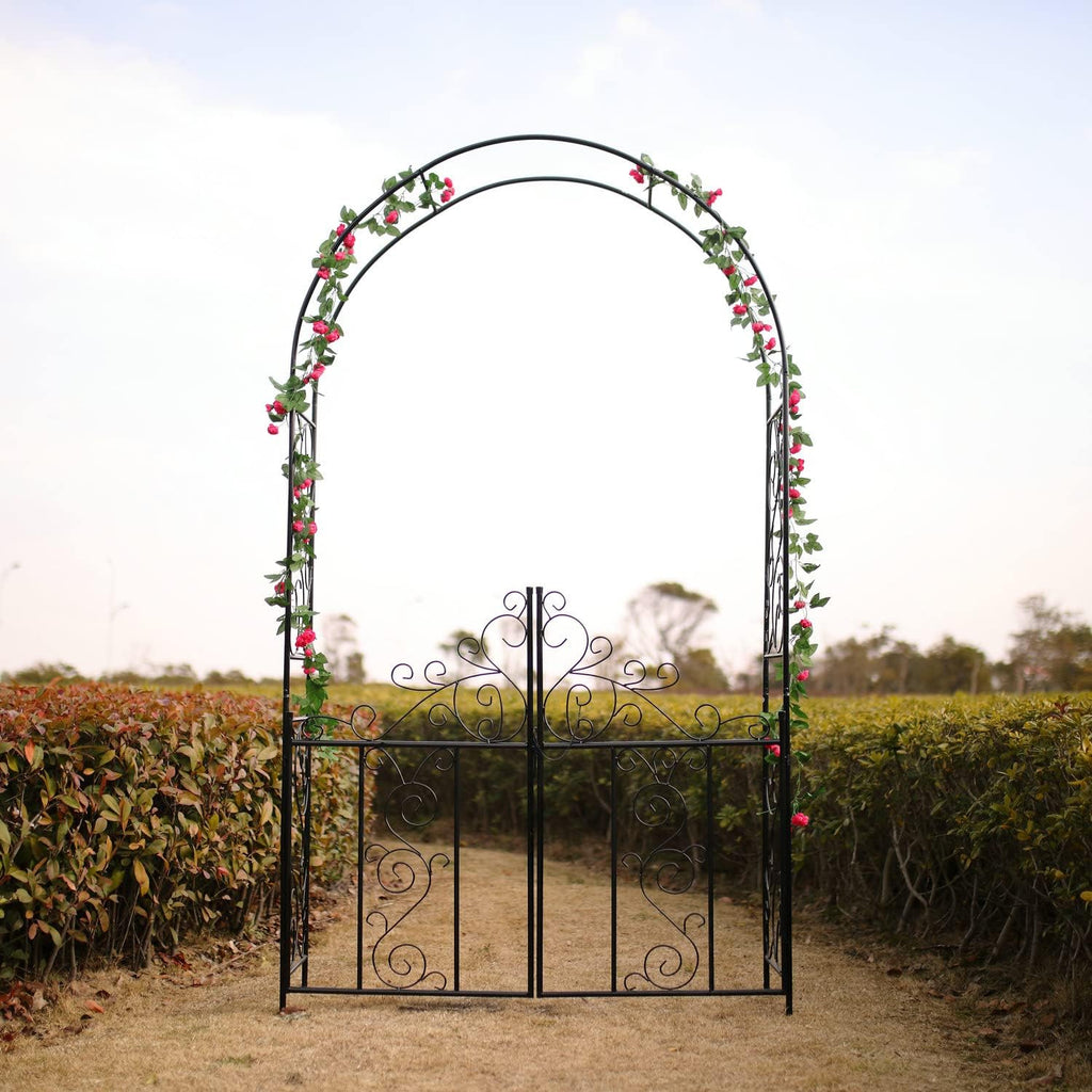 Steel 7'5'' High x 4'2'' Wide Garden Arch with Gate, Garden Arbor for Various Climbing Plant, Outdoor Garden Lawn Backyard