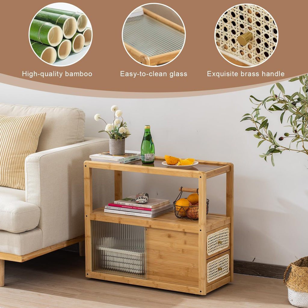 Bamboo & Rattan Side Table with Glass Top – 2-in-1 End Table and Bedside Cabinet with Drawer Storage for Small Spaces, Bedroom, Living Room, Nature