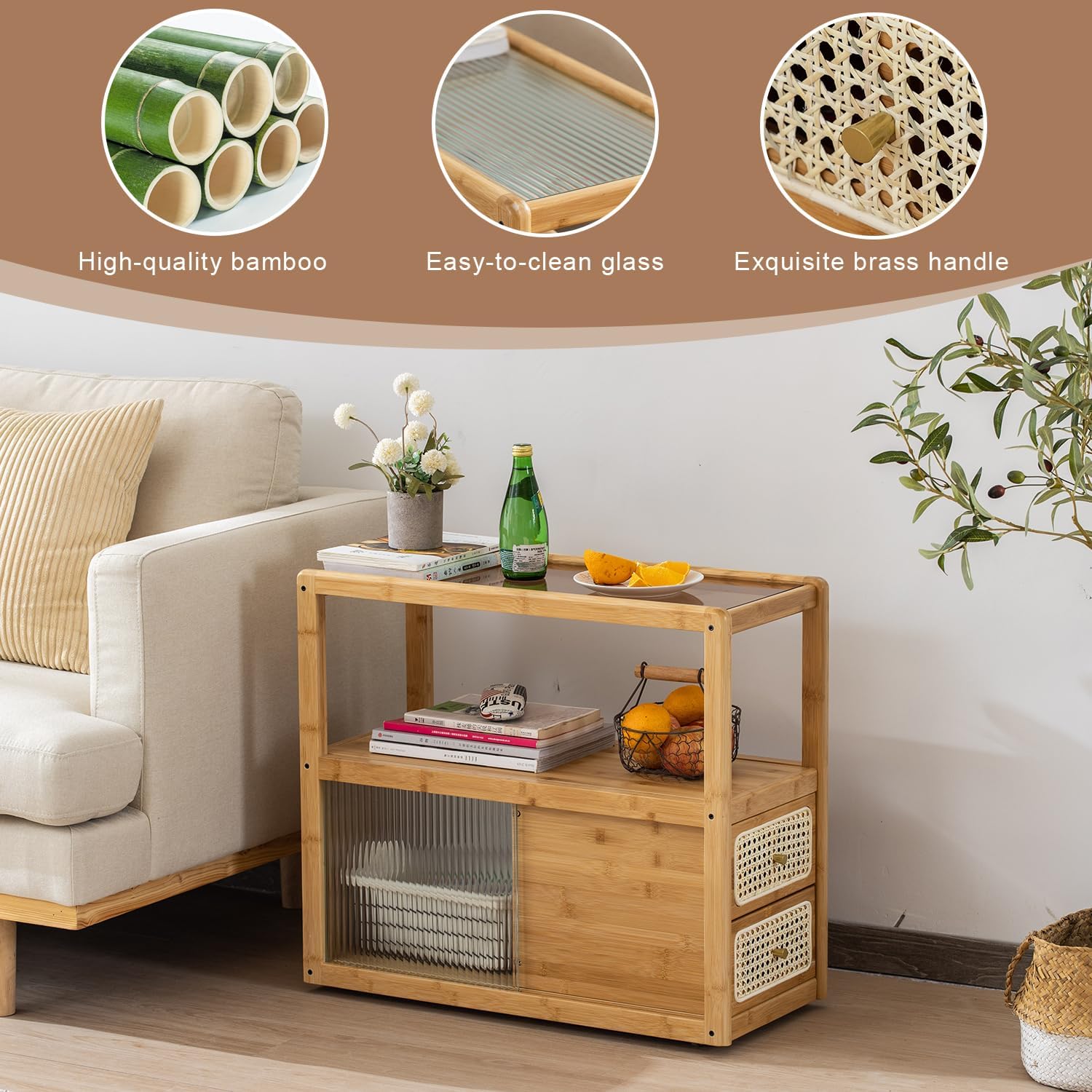 Bamboo & Rattan Side Table with Glass Top – 2-in-1 End Table and Bedside Cabinet with Drawer Storage for Small Spaces, Bedroom, Living Room, Nature