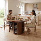 43.3''–59'' Extendable Round Dining Table for 4–8, Modern Wood Oval Kitchen Table with Storage Shelf, Space-Saving Expandable Circle Dinner Table for Dining Room or Living Room (Walnut)