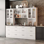 Kitchen Storage Cabinet with Glass Doors & Shelves, Kitchen Pantry with 12 Drawers, for Dining Room, White 94.5”W x 15.8”D x 83.3”H