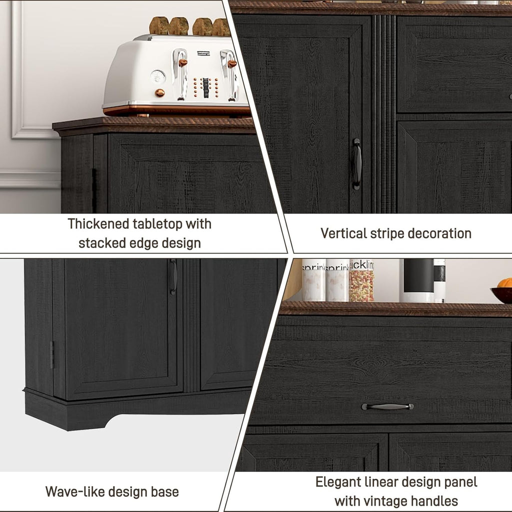 65" Sideboard Buffet Cabinet with Storage, Farmhouse Kitchen Pantries Sideboard Cabinets with Drawer, Wood Coffee Bar Cabinet with Adjustable Shelves, Storage Cabinets for Kitchen, Black