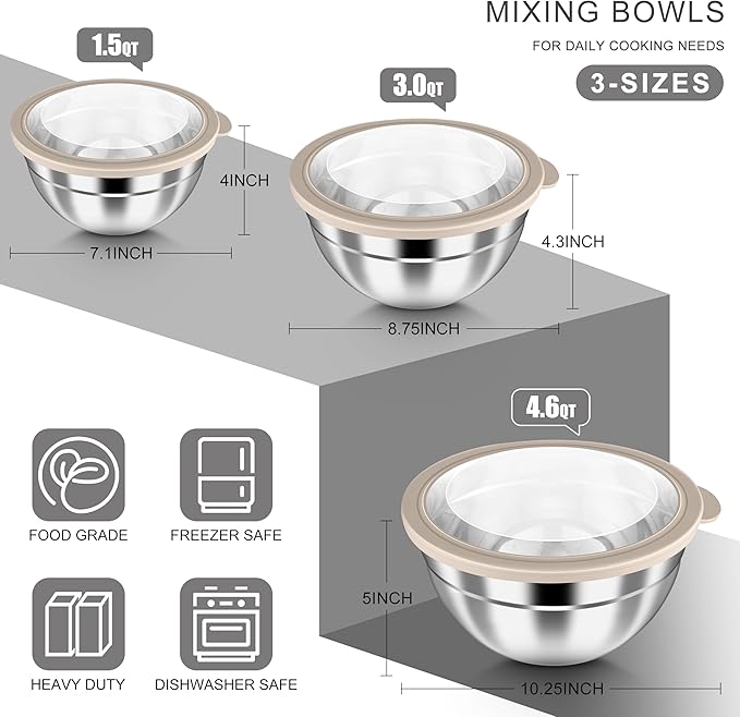 HaWare Mixing Bowls with Airtight Clear Lids, 6-Piece Stainless Steel Strong Nesting Bowls Set, Metal Salad Bowl for Cooking, Prepping, Baking, Serving & Food Storage, Size 4.6, 3, 1.5QT, Khaki