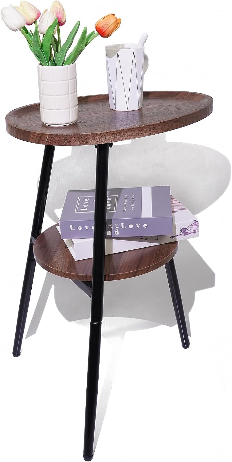 Side Table Small End Table, Oval Round Wood Sofa Table, 2 Tier Accent Table Nightstand Bedside Table with Metal Frame for Living Room, Bedroom, Small Spaces (Rustic Brown)
