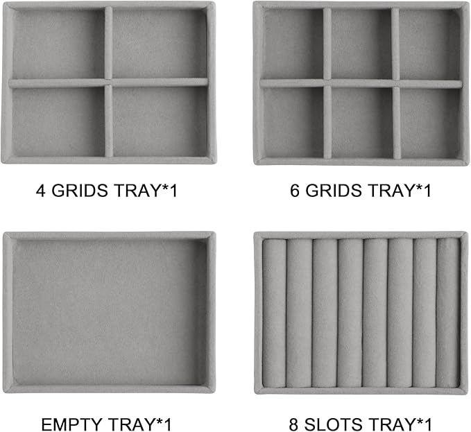 Frebeauty Small Jewelry Tray Set,Stackable Velvet Jewelry Organizer Tray,Mini Jewelry Drawer Organizer,Drawer Inserts,4.92 x 3.74 x 0.9 Inches,Earring Organizer for Women(Set 4,Grey)