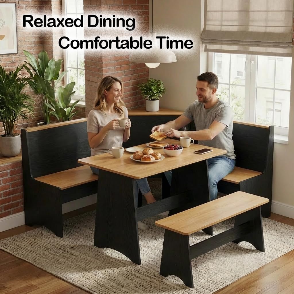 Farmhouse Breakfast Nook Table Set, Dining Nook Set with Corner Bench,with Storage Function Mid Century Modern Small Dining Table Set, Kitchen Table Corner Set (Yellow + Black)
