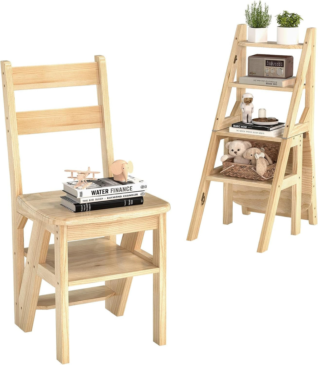 Baoz 3-in-1 Wooden Library Ladder, 4 Tier Folding Ladder, Convertible Step Stool & Display Rack with Lock Buckle Fixation, 300lbs Capacity Step Stool for Kitchen, Library, Office