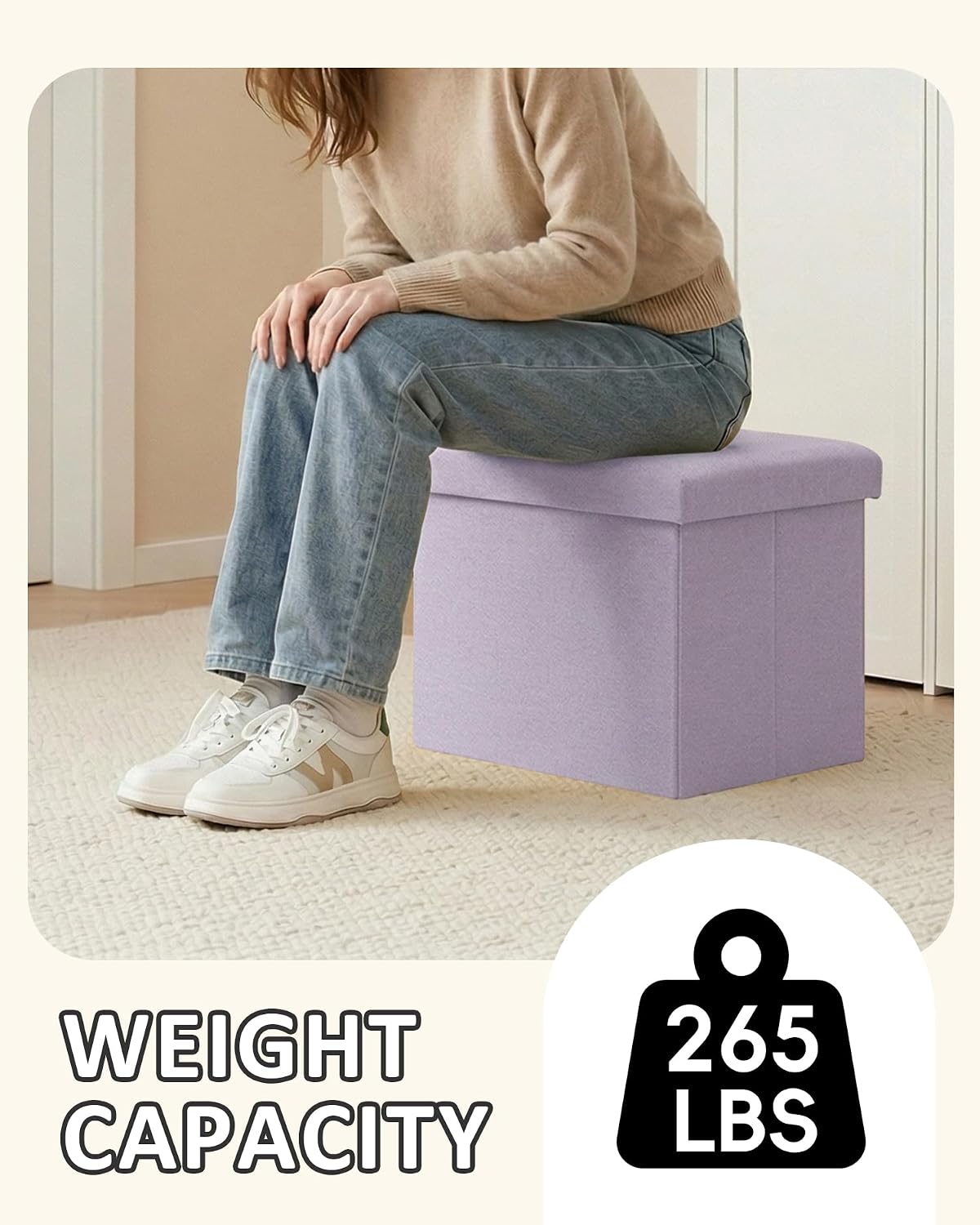 PINPLUS Flat Top Folding Linen Storage Ottoman 16.5", 36L Collapsible Storage Cube with Lid, 250 lbs Load Capacity, Fabric Foot Rest Seat for Living Room, Bedroom, Closet,Light Purple