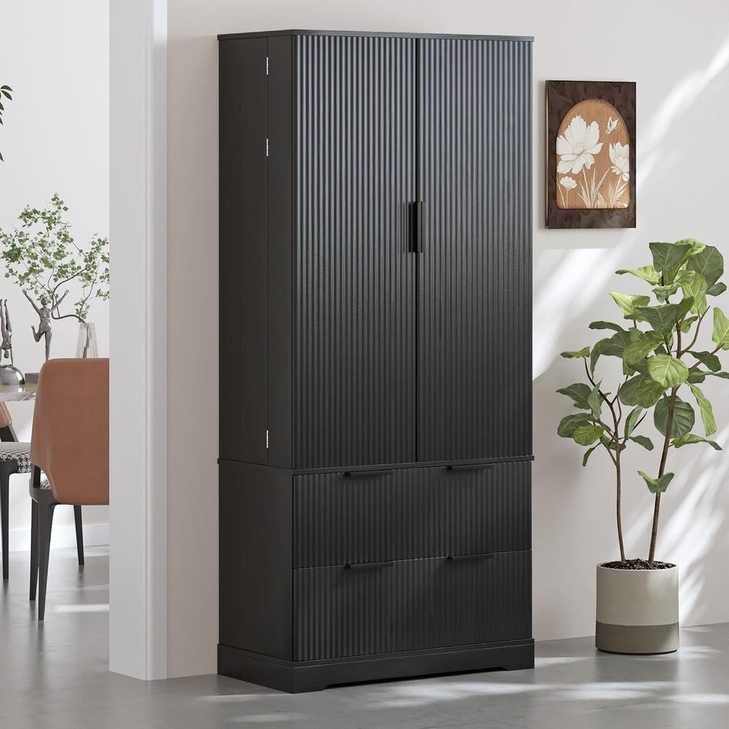 72" Modern Fluted Kitchen Pantry Cabinet with 2 Large Drawers & 8-Door Spice Rack, Freestanding Storage Organizer for Entryway, Dining Room, Office, and Bathroom (Black)