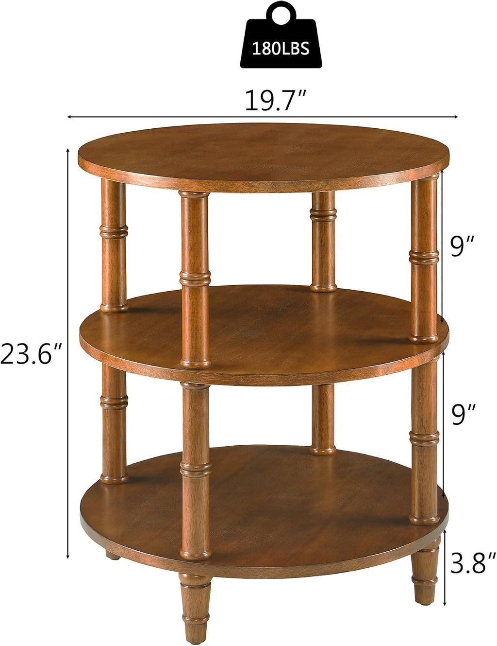 3-Tier Solid Wood Round End Table, Sofa Side Table with Open Storage Shelf Modern Oriental Nightstand Corner Table with Bamboo-Inspired Legs for Living Room Bedroom, Brown, 19.7" D x 23.6" H