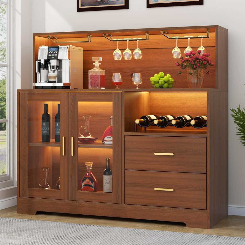 Bar Cabinet for Home with LED Light,Coffee Bar Cabinet w/ Wine & Glass Rack | Kitchen Buffet Sideboard with Storage Cabinet&Drawers, Modern Liquor Cabinet for Living Room Dining Room (Brown)